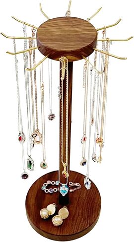 Svea Display Solid Walnut Wood Pendant Necklace Stand Holder with Polish Brass Hooks Large Capacity Long and Short Necklaces in Kuwait