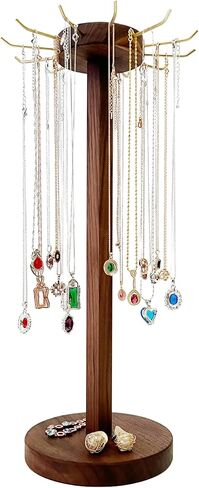 Svea Display Solid Walnut Wood Pendant Necklace Stand Holder with Polish Brass Hooks Large Capacity Long and Short Necklaces in Kuwait