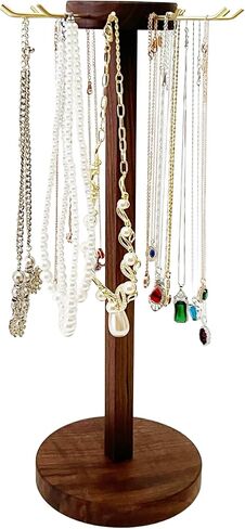 Svea Display Solid Walnut Wood Pendant Necklace Stand Holder with Polish Brass Hooks Large Capacity Long and Short Necklaces in Kuwait