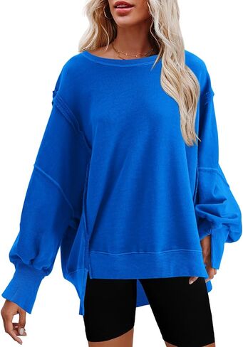 Nirovien Womens Oversized Crewneck Sweatshirt Side Slit Long Sleeve Pullover Slouchy Fit Tops in Kuwait