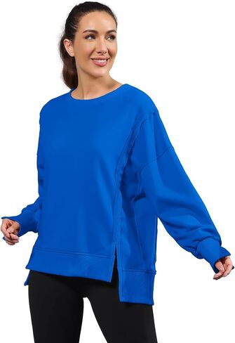 Nirovien Womens Oversized Crewneck Sweatshirt Side Slit Long Sleeve Pullover Slouchy Fit Tops in Kuwait