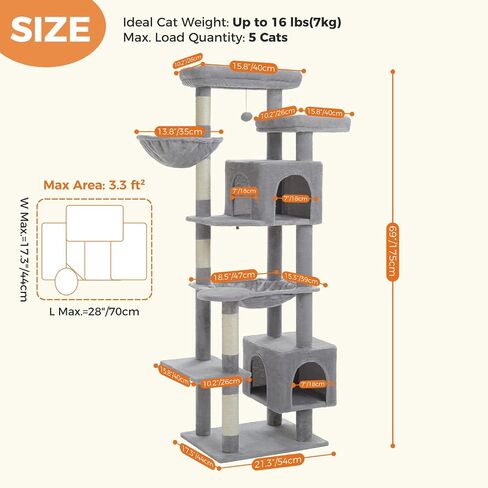 PETEPELA 45.7" Cat Tree for Indoor Cats, Cactus Cat Tower for Large Cats with Metal Frame Large Hammock (17.3"x15.3"), Cat Condo with (18.5"x13") Big Top Perch & 4 Sisal Covered Scratching Posts,Green in Saudi Arabia