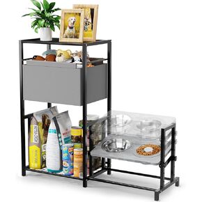 Pet Feeding Station with Storage, 6 Heights Adjustable Raised Dog Bowl with Toy Basket, 3 Stainless Steel Bowls, Elevated Dog Bowls Food Cabinet Organizer