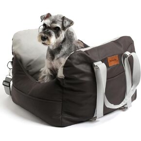 Leath-Aire Dog Car Seat for Small Dogs, Scratch Resistant, Waterproof Dog Booster Seat with Storage Pockets and Clip-On Safety Leash, Portable Dog Travel Carrier Bed up to 25lbs(Grey/Blue)
