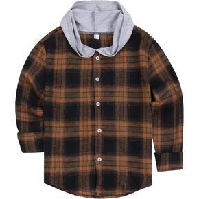 HOOGRIN Unisex Kids Flannel Plaid Shirts Boy Girl Button Down Long Sleeve Shirt with Hood 5-12Years
