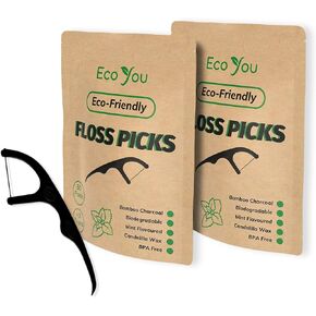 EcoYou Natural Bamboo Charcoal Dental Floss Picks | 100 Count (Pack of 2) | Candelilla Wax & Mint Flavored Floss Sticks | Eco Friendly, Biodegradable, Plastic Free, Vegan, BPA Free