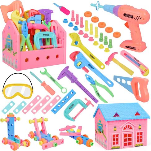 EP EXERCISE N PLAY Pink Kids Tool 18 Pcs Toddler Tool Set with A Tool Box Including Toy Saw for Kids Ages 3-5 Girl's Favorite Tool Set Gift for Toddlers Girl Ages 3,4,5,6,7 Years Old in Kuwait