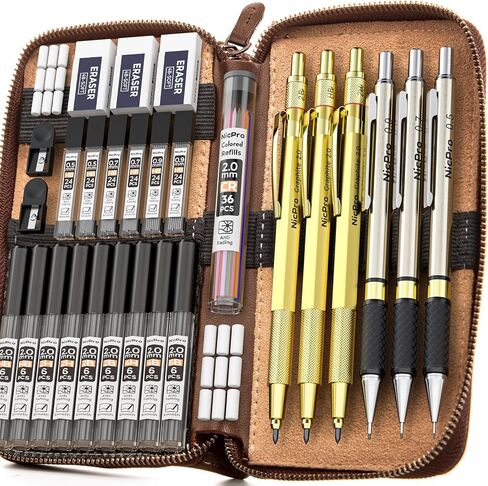 Nicpro 29PCS Art Mechanical Pencil Set in Leather Case, Metal Drafting Pencil 0.5, 0.7, 0.9 mm & 2mm Lead Holders for Sketching Drawing With 15 Tube (4B 2B HB 2H 4H Colored) Lead Refills in Kuwait