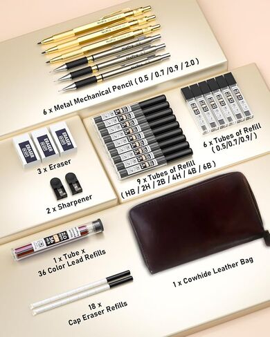 Nicpro 29PCS Art Mechanical Pencil Set in Leather Case, Metal Drafting Pencil 0.5, 0.7, 0.9 mm & 2mm Lead Holders for Sketching Drawing With 15 Tube (4B 2B HB 2H 4H Colored) Lead Refills in Kuwait