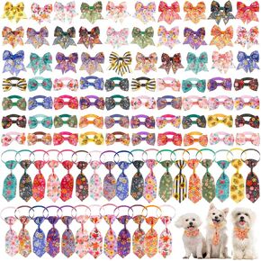 Reginary 100 Pieces Dog Bow Tie Collar Set Include 40 Dog Neckties, and 30 Puppy Bow Tie, 30 Collar Flowers, Adjustable Dog Bows Grooming for Small Medium Dogs Supply (Cactus)