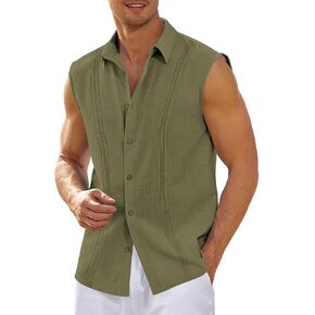Hestenve Men's Cuban Guayabera Linen Shirts Sleeveless Button Up Shirt Casual Summer Beach Tops