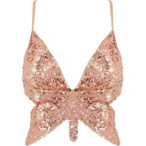 Monanoat Women’s Sexy Butterfly Shape Sequin Crop Top Bandage Lace up Tank Top Belly Dance Top Costume Outfits