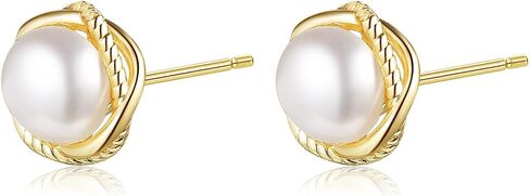 Natural Baroque Freshwater Pearl Earrings for Women, White Round Pearls, Wire Wrap Gold Stud Earrings Jewelry, Handmade Jewelry Gift for Mom Lover Her (14K Gold Plated) in Saudi Arabia