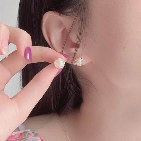 Natural Baroque Freshwater Pearl Earrings for Women, White Round Pearls, Wire Wrap Gold Stud Earrings Jewelry, Handmade Jewelry Gift for Mom Lover Her (14K Gold Plated) in Saudi Arabia