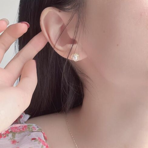 Natural Baroque Freshwater Pearl Earrings for Women, White Round Pearls, Wire Wrap Gold Stud Earrings Jewelry, Handmade Jewelry Gift for Mom Lover Her (14K Gold Plated) in Saudi Arabia
