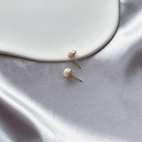 Natural Baroque Freshwater Pearl Earrings for Women, White Round Pearls, Wire Wrap Gold Stud Earrings Jewelry, Handmade Jewelry Gift for Mom Lover Her (14K Gold Plated) in Saudi Arabia