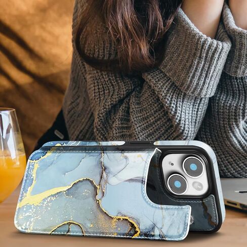 حافظة Hoofur iPhone 13، حافظة حامل بطاقات iPhone 14، محفظة هاتف جلدية فاخرة نحيفة وخفيفة الوزن مع فتحات للبطاقات، غطاء حماية قابل للطي مقاوم للصدمات لهاتف iPhone 13/14 (6.1 بوصة) (أزرق) in Kuwait
