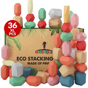 EVERSMART Wooden Stacking Blocks – Montessori Toys for 1 2 3 4 5 6 Year Old Toddlers and Kids, No Choking Hazard – Building Rocks Stones Games, Birthday for Girls and Boys
