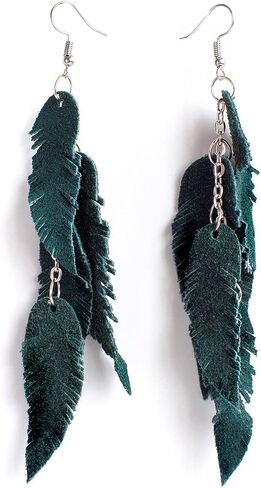 أقراط ريشة طويلة من جلد الغزال باللون الأزرق الفيروزي، أقراط ذات طبقات، قبلية، بوهو، متدلية in Kuwait