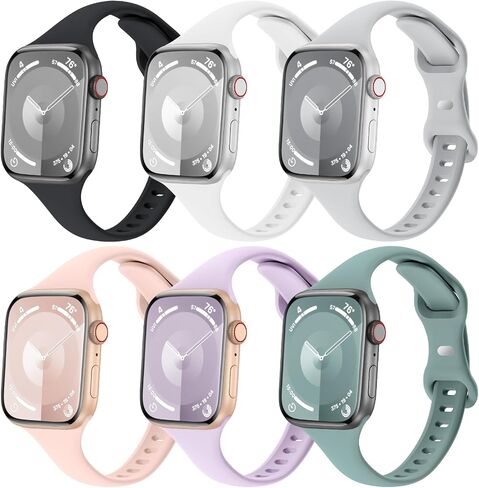 6 Pack Slim Thin Bands Compatible with Apple Watch 38mm 40mm 41mm 42mm 44mm 45mm 46mm 49mm Women Men, Replacement Soft Silicone Sport Strap for iWatch Series 11/10/9/8/7/6/5/4/3/2/1 Ultra SE in Saudi Arabia