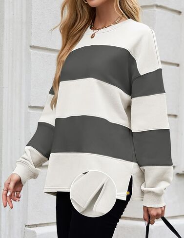 ZESICA المرأة الخريف البلوز بلايز Crewneck كم طويل فضفاض المتضخم مخطط بلوزة صوف 2024 الملابس in Saudi Arabia