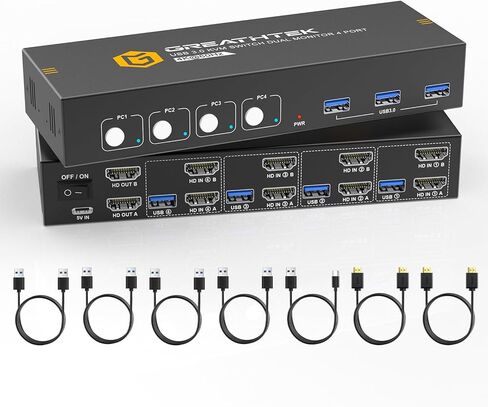KVM Switch HDMI Dual Monitor Extended Display 4 Port, 4 USB 2.0 Hub, UHD 4K@30Hz Downward Compatible, Button Switch, with All Needed Cables, No Adapter Required in Kuwait