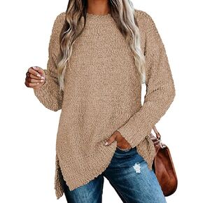 Qearal Women's Long Sleeve Fuzzy Knitted Sweater Popcorn Side Split Loose Pullover Tops