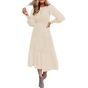 Women's Casual Long Sleeve Fall Dress Crew Neck Smocked Hight Waist Flowy Maxi Tiered Dresses