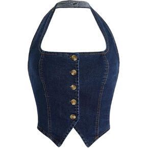 Verdusa Women's Button Front Halter Neck Asymmetrical Denim Crop Top Jean Vest