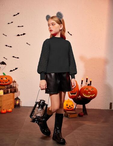 Arshiner Girls Puff Long Sleeve Sweaters Crewneck Lace Polka Dot Casual Knit Tops Pullover Jumper Outwear for Kids in Kuwait