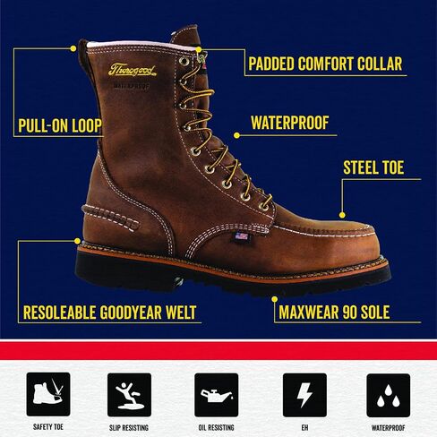Thorogood 1957 Series 8" Waterproof Steel Toe Work Boots for Men - Full-Grain Leather with Moc Toe, Slip-Resistant Heel Outsole, and Comfort Insole; EH Rated, Crazyhorse - 9 W US in Kuwait