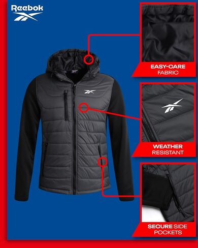 Reebok Men's Jacket - Quilted Puffer Bomber Jacket with Fleece and Tricot Sleeves - Hooded Outdoor Jackets for Men (L-XL) in Saudi Arabia