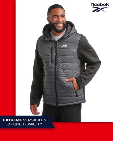 Reebok Men's Jacket - Quilted Puffer Bomber Jacket with Fleece and Tricot Sleeves - Hooded Outdoor Jackets for Men (L-XL) in Saudi Arabia