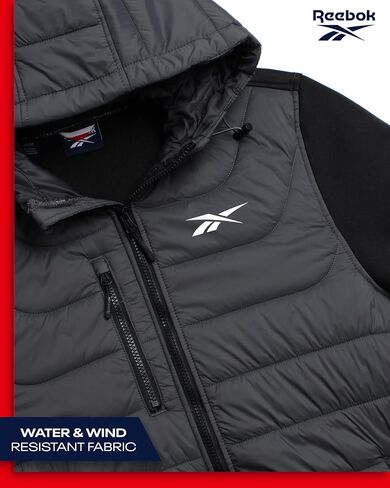 Reebok Men's Jacket - Quilted Puffer Bomber Jacket with Fleece and Tricot Sleeves - Hooded Outdoor Jackets for Men (L-XL) in Saudi Arabia