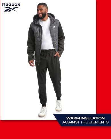 Reebok Men's Jacket - Quilted Puffer Bomber Jacket with Fleece and Tricot Sleeves - Hooded Outdoor Jackets for Men (L-XL) in Saudi Arabia
