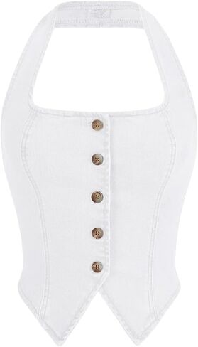 Verdusa Women's Button Front Halter Neck Asymmetrical Denim Crop Top Jean Vest in Saudi Arabia