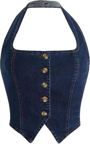 Verdusa Women's Button Front Halter Neck Asymmetrical Denim Crop Top Jean Vest in Saudi Arabia