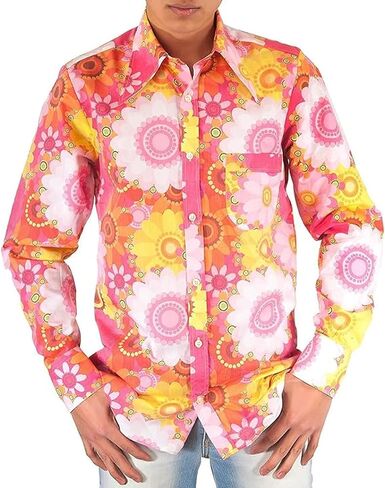 Mens 70s Disco Hip Hop Shirts Casual Button Down Paisley Floral Vintage Long Sleeve Large collar Shirt in Kuwait