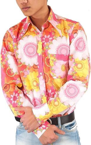 Mens 70s Disco Hip Hop Shirts Casual Button Down Paisley Floral Vintage Long Sleeve Large collar Shirt in Kuwait