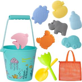 mandoo Silicone Beach Toys Collapsible Beach Buckets Beach Toys for Kids, Bucket and Shovels Set with Mesh Bag Sand Molds (Cartoon Blue 7 sand molds)