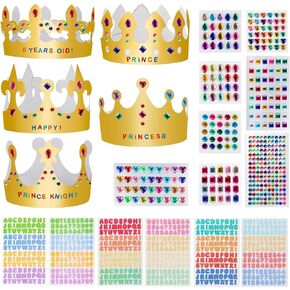 Fowecelt 34 Pieces Paper Crowns Set, Princess Prince Crown for Kids Birthday Party Decor, King Hats Gold Tiaras Crowns DIY Decorate with Jewels Number Letter Stickers Boys Girls Party Favor Supplies