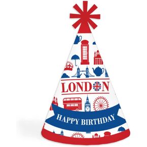 Big Dot of Happiness Cheerio, London - Cone Happy Birthday Party Hats for Kids and Adults - Set of 8 (Standard Size)