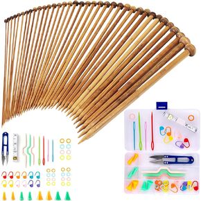 Exquiss Bamboo Knitting Needles Set-36pcs Single Pointed Wooden Knitting Needles, 9 Inches Length Knitting Supplies for Beginners (18 Sizes: 2.0 mm-10.0 mm) + Weaving Tools Knitting Kits