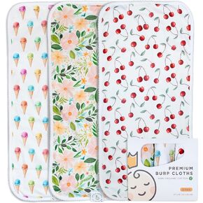 Little Crown Burp Cloths 100% Organic Cotton – 3 Pack Large 21''x10'' – Ultra-Soft and Absorbent – Double Layered Baby Washcloths – Baby Girl Newborn Essentials (Eucalyptus, Peaches and Flamingos)