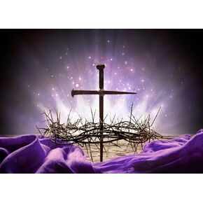 Fabric 7x5ft Crucifixion of Jesus Backdrop Crown of Thorns Cross Nail Holy Light Photography Background Purple Easter Religious Banner Christian Church Event Party Decoration Photo Booth Props