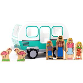 Jack Rabbit Creations Glamping Camping Magnetic Camper Classic Wooden Toy Van – Recreational Vehicle, RV Family, and Pink Flamingos - Develops Dexterity & Motor Skills - 3+ Years
