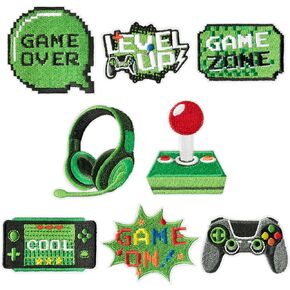 8 Pcs Video Game Embroidery Patches Green Pixelated Gaming Sew Iron on Embroidered Applique Repair Patch DIY Craft Accessories Gifts for Kids Boys Gamer Fans Enthusiasts Clothing Backpack Hat