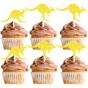 18pcs Gold Glitter Kangaroo Dessert Cupcake Topper Pick for Animal Theme Decor Supplies Baby Shower Boys Girls Happy Birthday Party Decorations