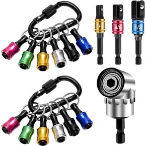 16P Drill Bit Accessories, Luxiv 12P Bit Holder Key Chain 3P 1/4" 3/8" 1/2" Drill Socket Adapter 1P 105°Right Angle Drill Attachment, 1/4" Drill Bit Holder Cool Gadgets for Hex Shank With Carabiner