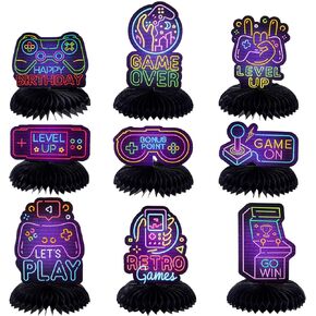 9 Pcs Neon Video Game Party Decorations Supplies Neon Video Game Honeycomb Table Centerpieces Cutouts for Video Game Birthday Baby Shower Theme Party Supplies